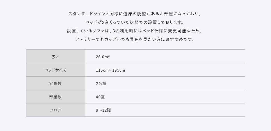 スタンダードツインと同様に道庁の眺望があるお部屋になっており、ベッドが2台くっついた状態での設置しております。設置しているソファは
							3名利用時にはベッド使用に変更可能なため、ファミリーでもカップルでも景色を見たい方におすすめです。